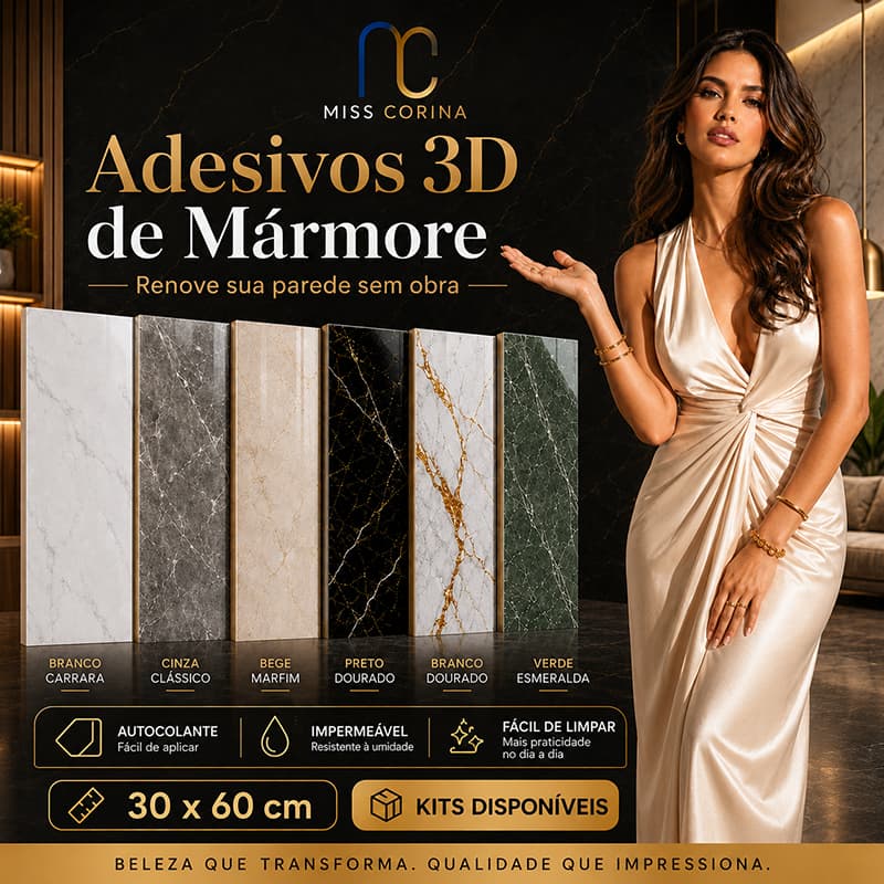 Placas Adesivas Mármore 3D Lavável Para Parede 30x60cm