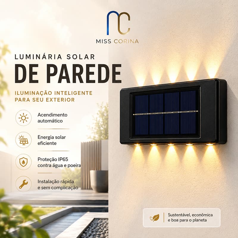 Luminária Solar LED Parede Liga Desliga Auto Luz Quente