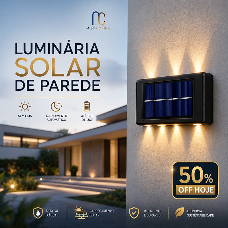 Arandela Solar LED Parede Luz Quente 12h Prova D’Água