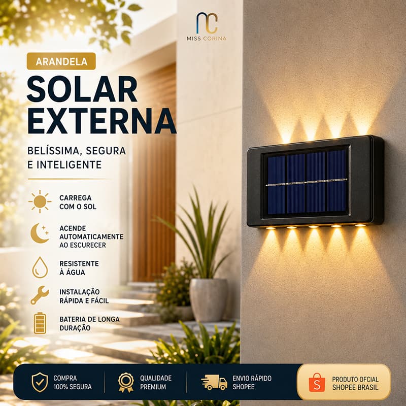 Luminária Solar LED Decorativa Parede Externa Luz Quente Sensor