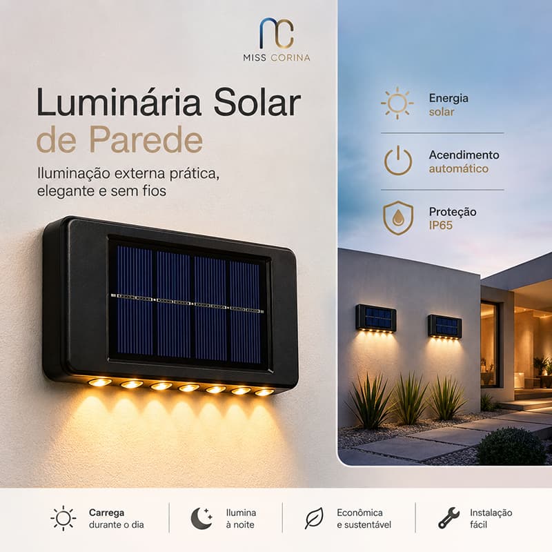 Luminária Solar Parede Liga Desliga Auto 12h Prova D’Água