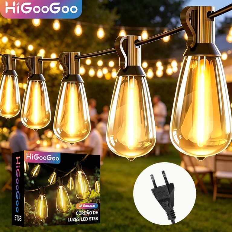 HiGooGoo ST38 Varal De Luzes LED De Alto Brilho Inquebrável 20/36m Lâmpada Incluída Ideal Para Jardins e Decorações