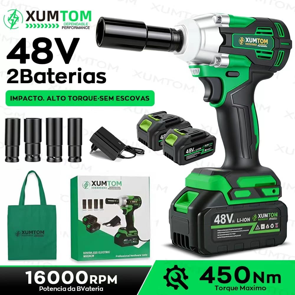 Chave de Impacto 48V Brushless 450Nm - Parafusadeira Sem Fio com 2 Baterias - Bivolt - Uso Profissional Automotivo