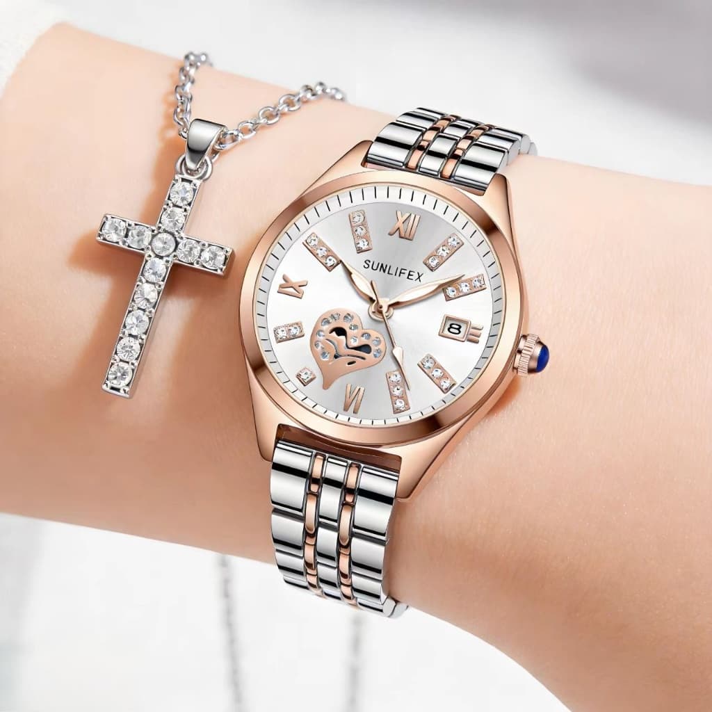 Kit Rel贸gio Feminino Ros茅 Quartzo Strass Luxo 脌 Prova D'脕gua A莽o Inox Com Colar Presente Ideal Original 0159