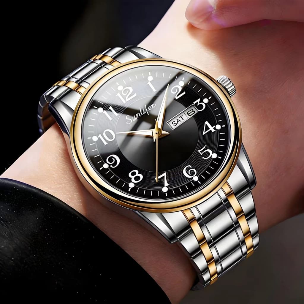 Rel贸gio Masculino Executivo Luxo Premium Quartzo A莽o Inoxid谩vel Banhado a Ouro Luminoso 脌 Prova D'谩gua Frete Gr谩tis 9008