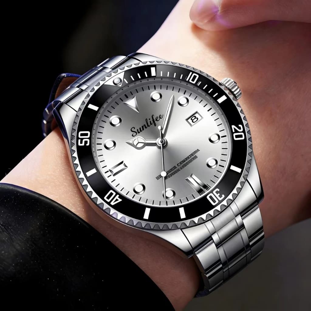 Rel贸gio Masculino Quartzo Original Luxo Luminoso A莽o Inox 脌 Prova D'谩gua Preto e Branco Presente para Homem 1318