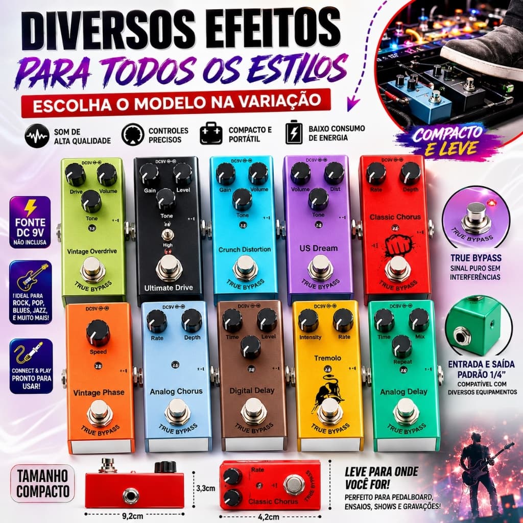 Novo Pedal de Efeito para Guitarra Elétrica Mini Distortion Overdrive Chorus Tremolo Phaser Profissional DC 9V Compacto