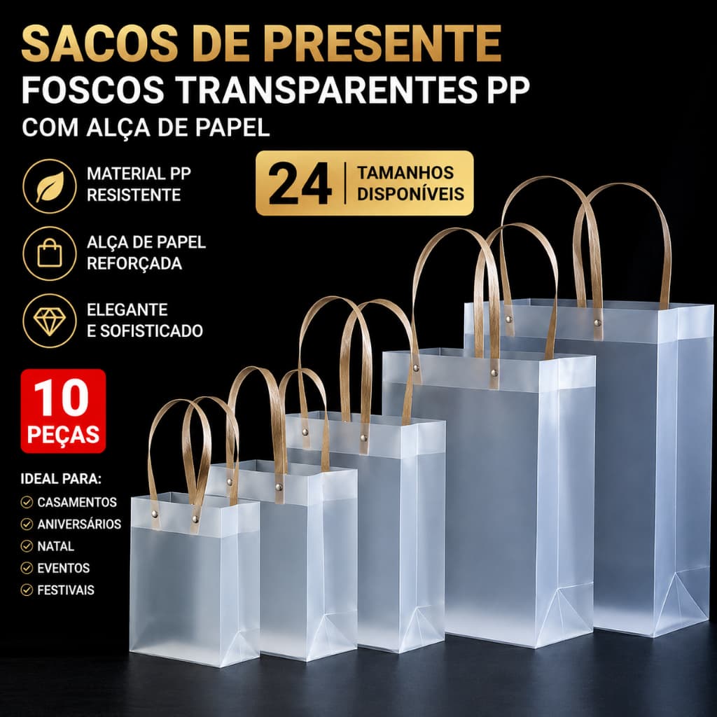 10 Peças Sacos de Presente Foscos Transparentes PP com Alça de Papel 24 Tamanhos para Casamento Aniversário e Natal