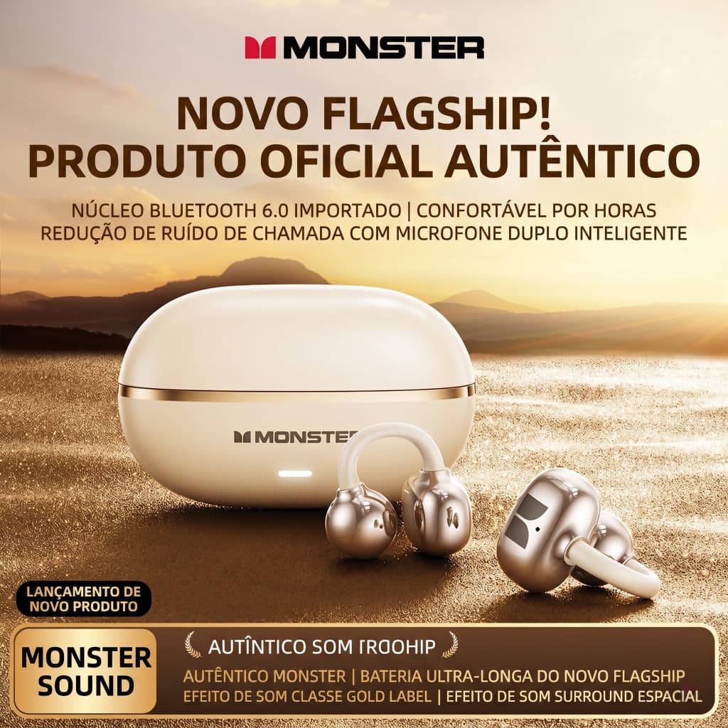 Fone de ouvido bluetooth sem fio Monster MQT69 clip aberto Bluetooth 6.0, som surround HiFi, redução de ruído ENC