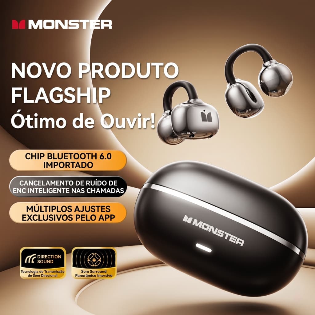 Fone de ouvido bluetooth sem fio Monster MQT69 clip aberto IPX4 resistente ao suor, bateria duradoura para corrida