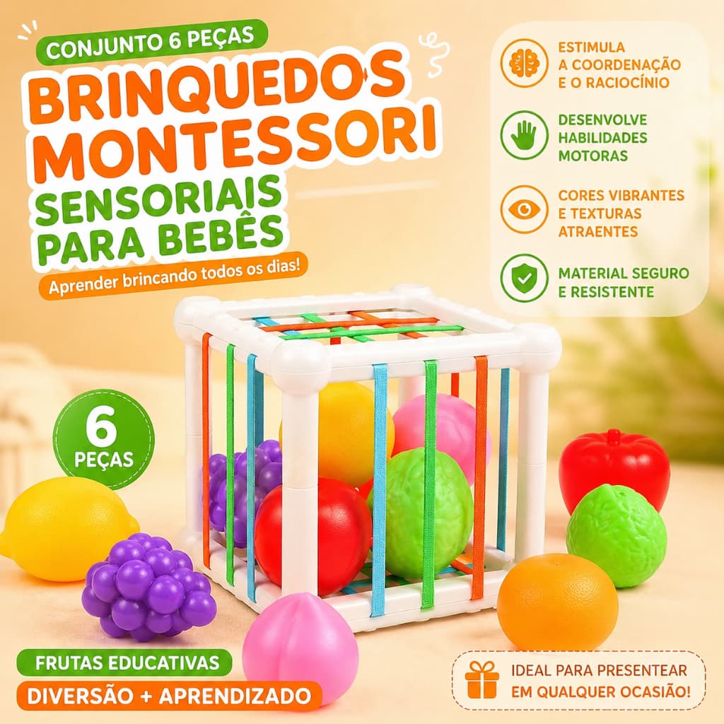 Conjunto 6 Peças Brinquedos Montessori Sensoriais para Bebês Frutas Educativas Habilidades Motoras Presente de Natal