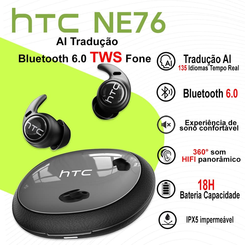 HTC NE76 AI Tradução Fone De Ouvido Bluetooth 6.0 Sem Fio Para Dormir TWS Som Surround 360° Com Microfone