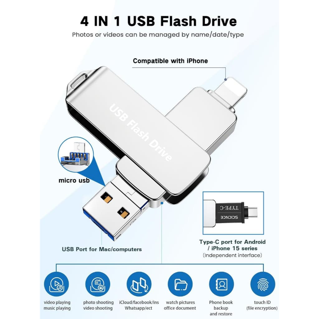 Unidade flash 3 Em 1 De Alta Velocidade Para iPhone E Android , Inclui Adaptador Tipo C , mini USB 3.0 , Reserva Fácil D