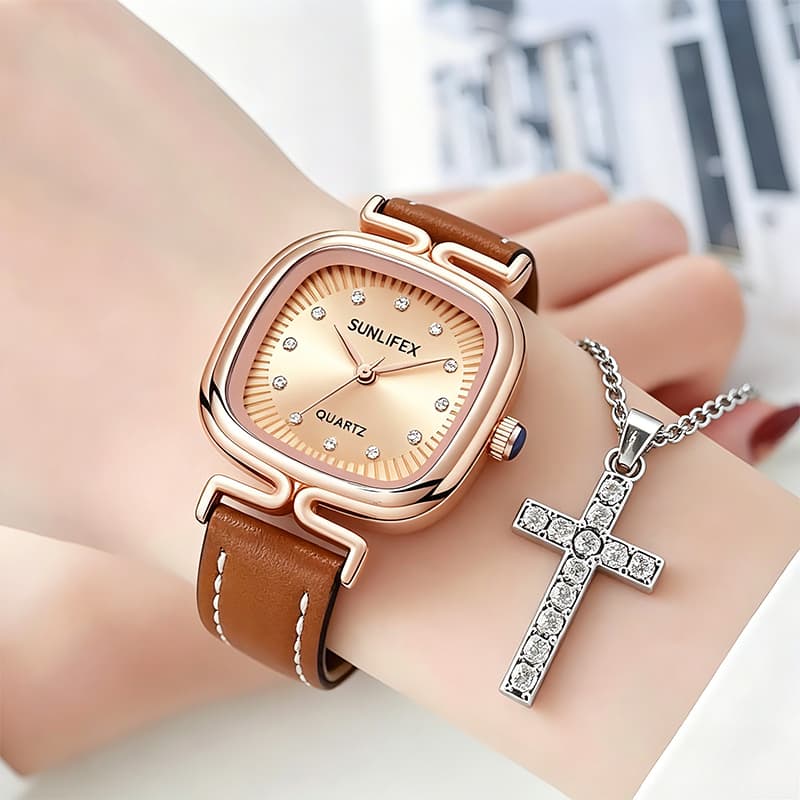 Rel贸gio Feminino Quadrado Elegante Quartzo Minimalista Couro Leg铆timo Marrom/Preto Resistente 脿 脕gua Frete Gr谩tis 1732