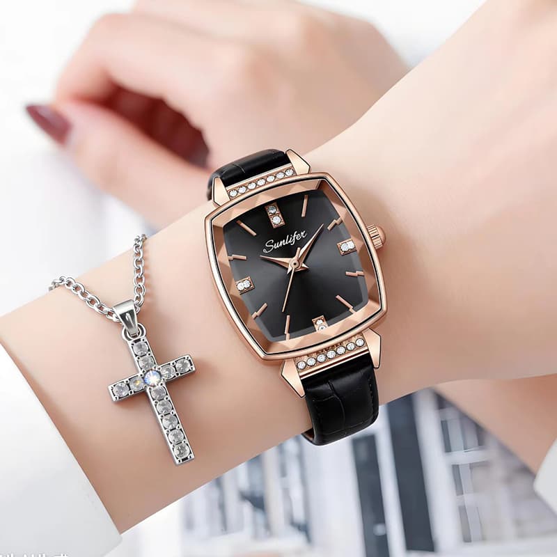 Rel贸gio聽Feminino聽Quartzo聽Quadrado 聽Luxo聽Moda Couro 脿 prova d'谩gua Kit com Colar Elegante original 4821 Frete Gr谩tis