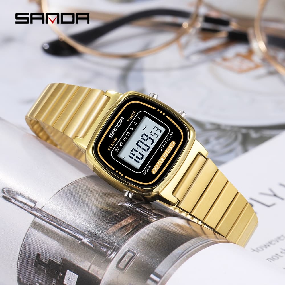 SANDA 6053 Relógio Digital De Luxo Para Mulheres Elegante À Prova D'água Esportes Display LED Relógios De Pulso-11