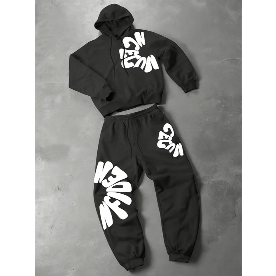 Conjunto Masculino De Moletom Com Capuz De Manga Comprida E Calças Compridas , Estampa Em Inglês De Espuma , Estilo Y2K