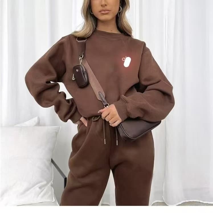 Conjunto de moletom feminino casual de outono e inverno europeu e americano, com estampa, gola redonda e calças comprida