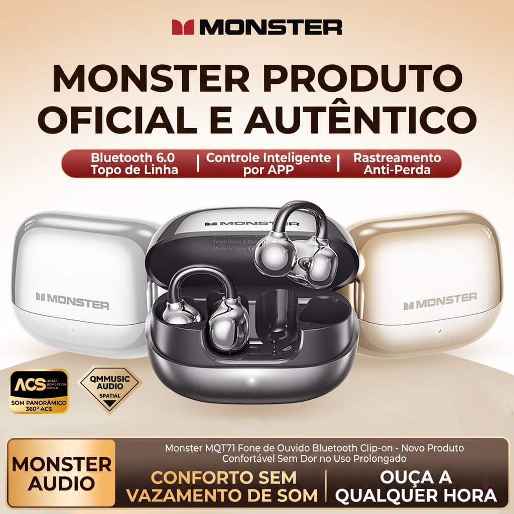 Fone de ouvido bluetooth sem fio Monster MQT71 modelo clip aberto, Bluetooth 6.0, controle por app e localização anti-pe