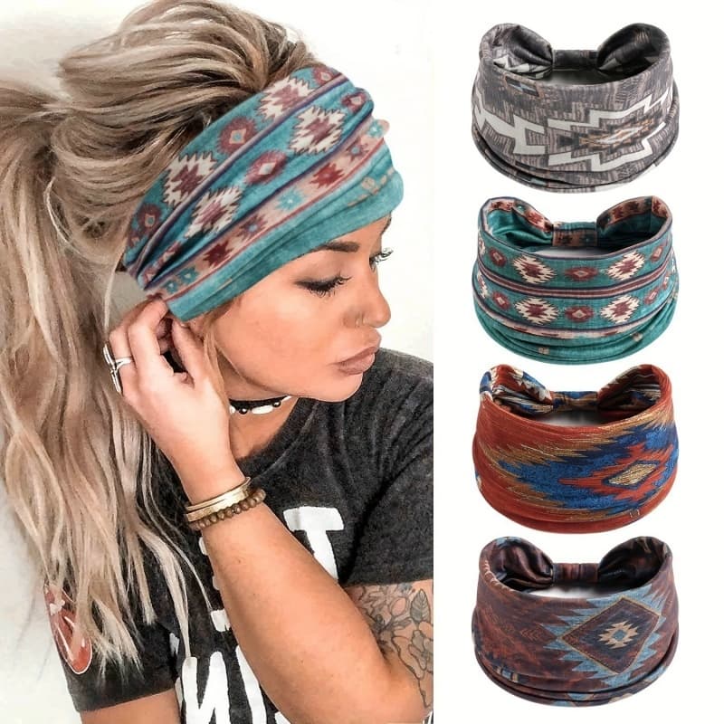Faixas de Cabeça Largas Estampadas Boêmio, Turbante Elástico, Faixa Antideslizante para Yoga, Corrida e Estilo Casual