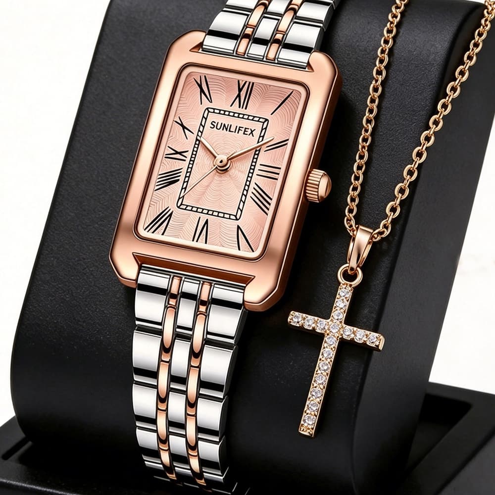 Relógio quartzo feminino quadrado à prova d'água liga vidro temperado importado fashion elegante