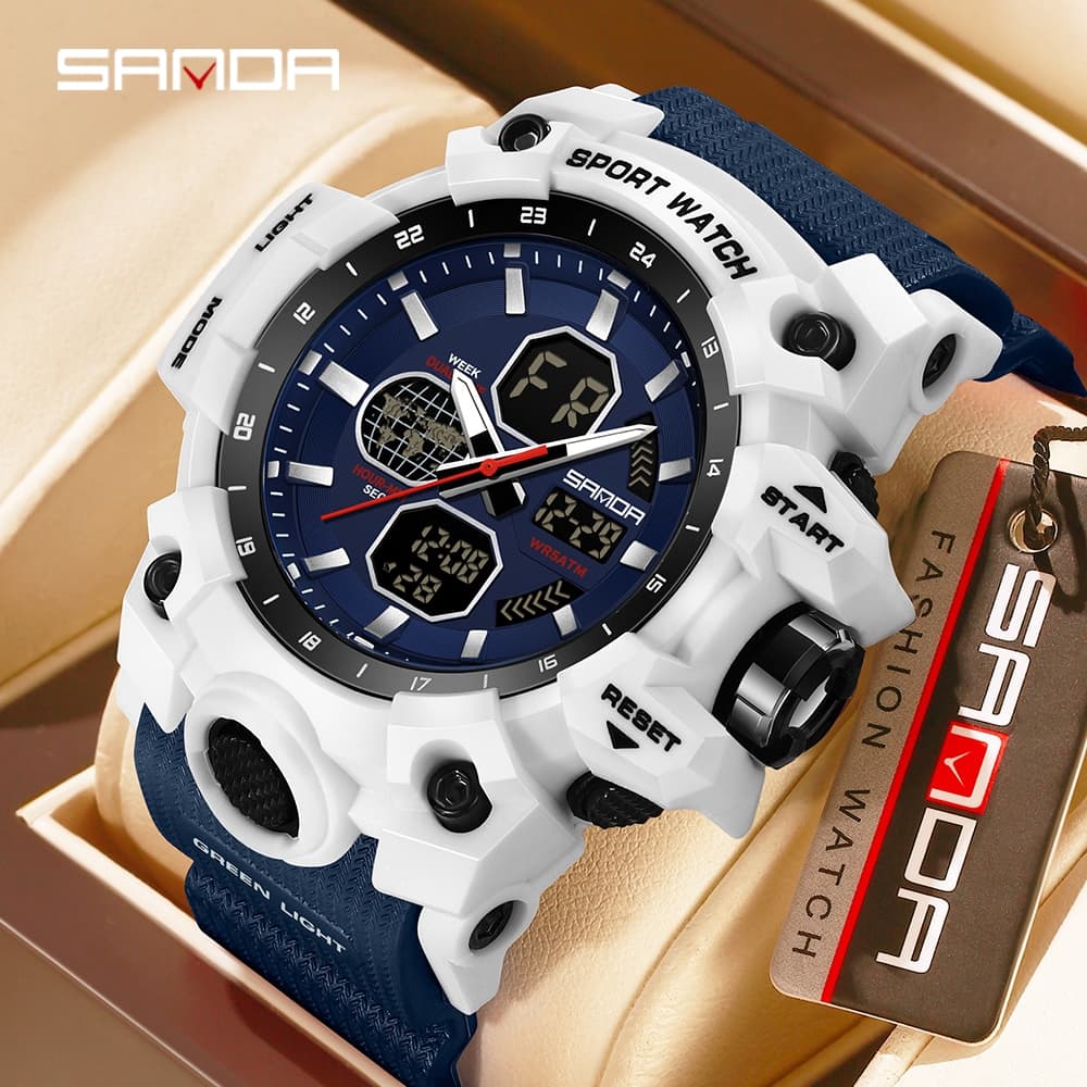 SANDA 9093 Top Relógio De Luxo Masculino Militar Exército Watcher Pulso Esportivo À Prova D'água Exibição Dupla-1