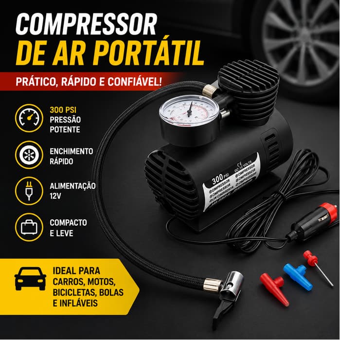 Mini Compressor De Ar Elétrico Portátil Com Manômetro 250PSI 12V Para Pneu Carro Moto Bike Bola