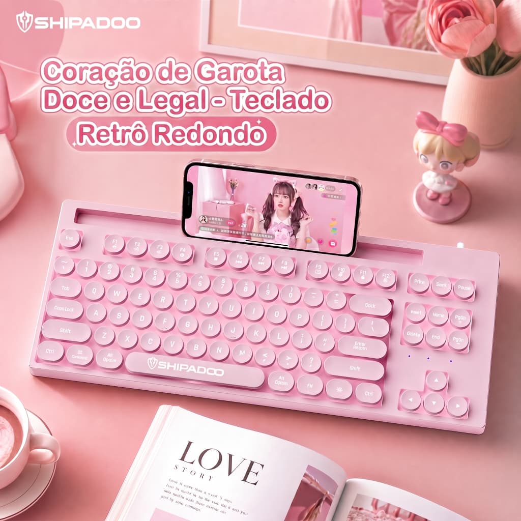 87 Teclas Retrô Redondas Teclado Com Fio Bonito Macaron Cor Suporte Para Telefone Ergonômico Silencioso Plug and Play US