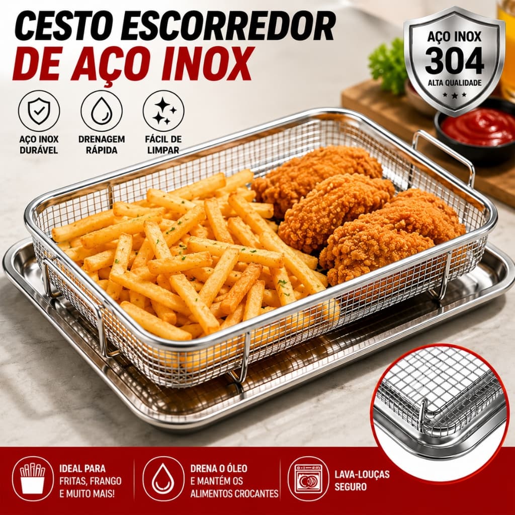Bandeja Escorredora Inox Retangular Com Cesto Para Frituras E Salgados
