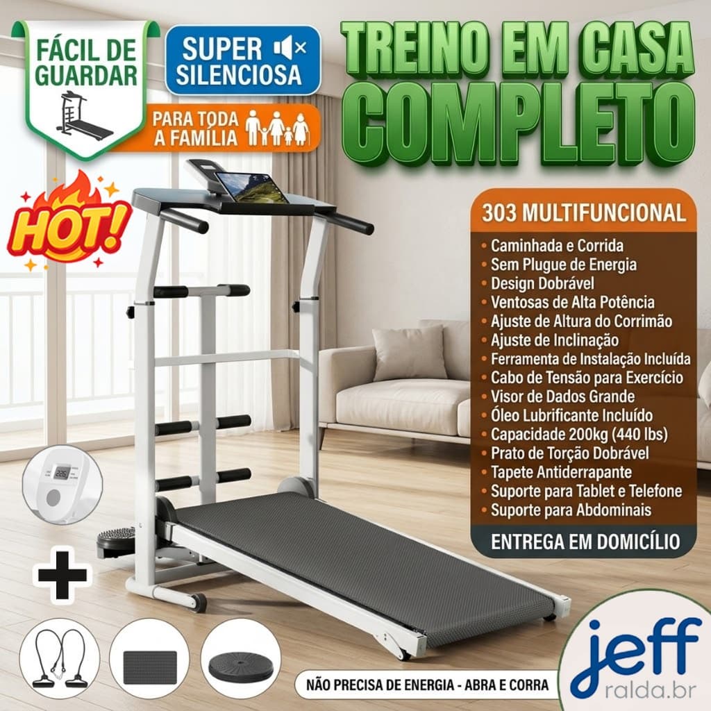 Esteira Ergométrica Multifuncional Silenciosa Dobrável Inclinação Ajustável 150kg Uso Residencial NãoRequer Eletricidade