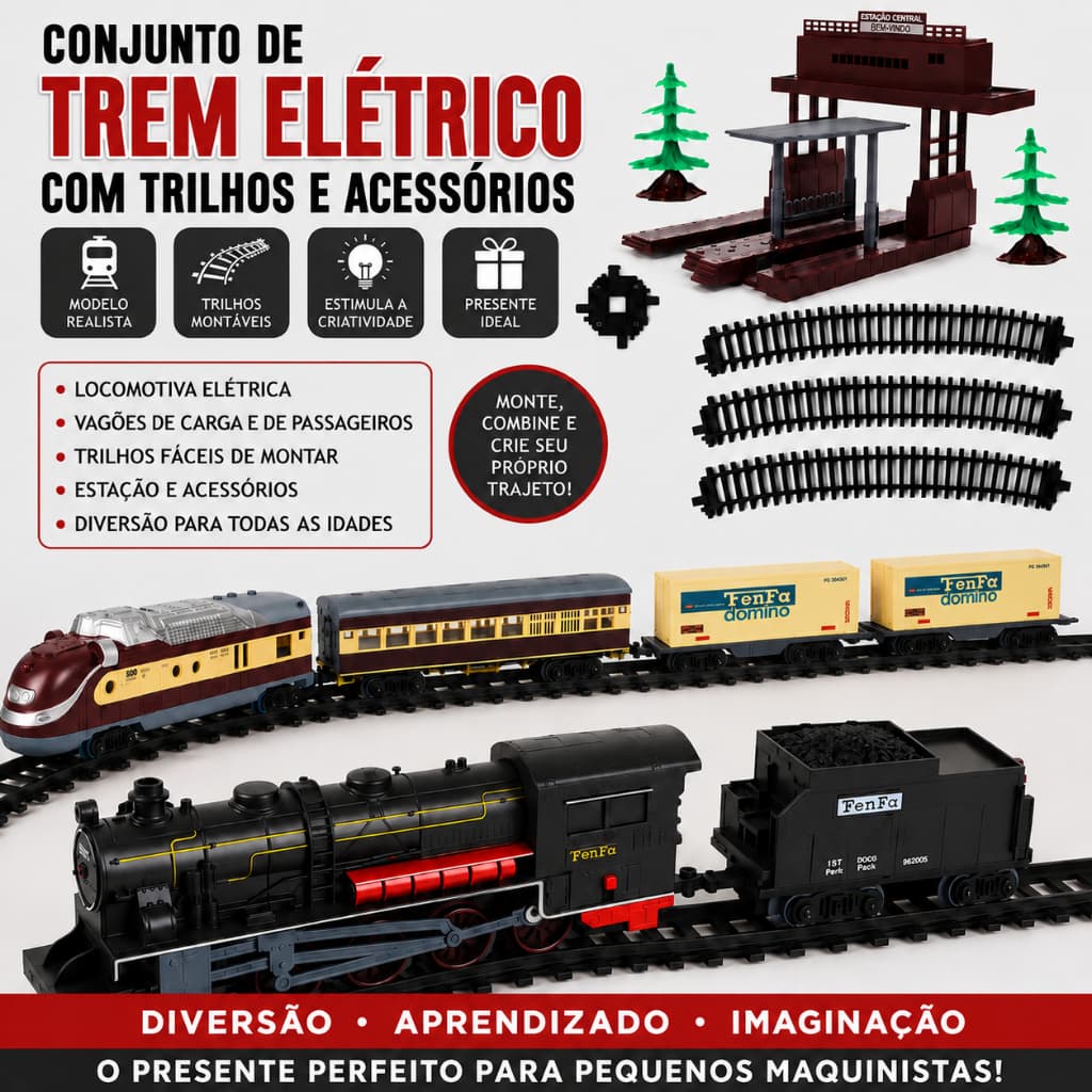 Conjunto de Locomotiva Elétrica com Trilhos Acessórios Vagões Estação Árvores Modelo Brinquedos Educativo Presente Natal