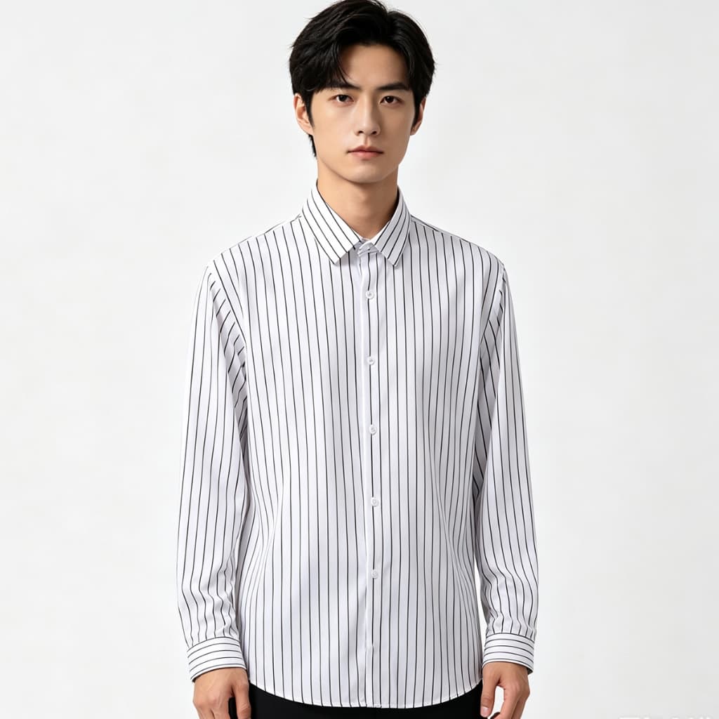 Camisa masculina, versão solta de manga comprida listras pretas e brancas negócios Casual All-Match, lapela quatro estaç
