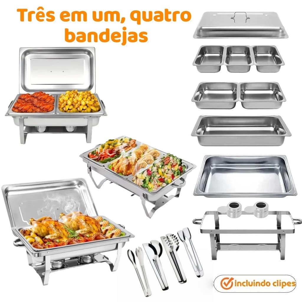 Rechaud Inox 36L p/ Buffets Grandes | Cozinha e Mantém Quente - Conjunto 3 em 1/ Festas a Restaurantes