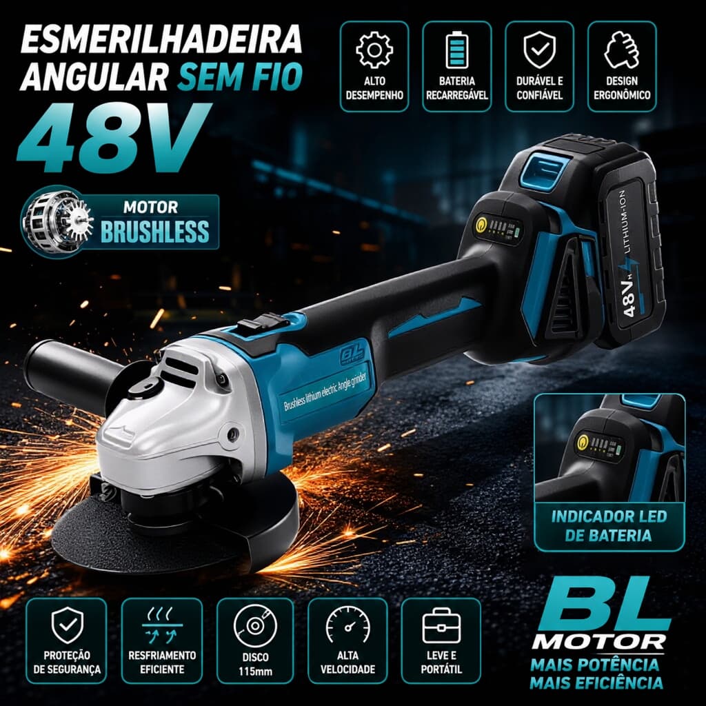 Esmerilhadeira Angular Sem Fio 48V 2 em 1 Esmerilhamento e Polimento com 2 Baterias de Lítio