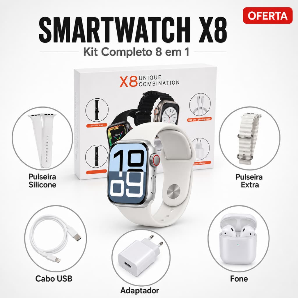 Novo Kit Smartwatch X8 Suporta Calculadora De Chamada Bluetooth Com Carregamento Rápido PD20W + Fones De Ouvido