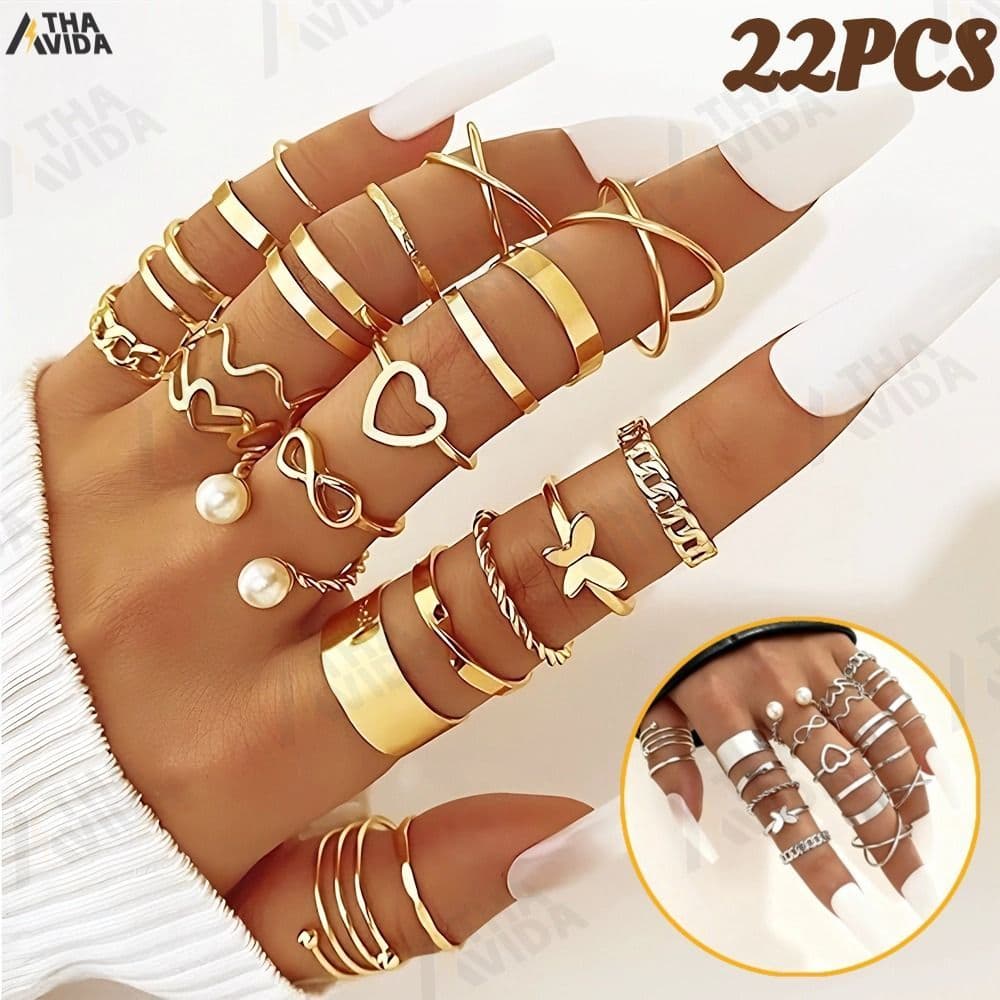 22 pçs Conjunto De Anel De Dourado Vintage Mulheres Conjunto De Anel De Dedo Joias Acessórios-KIT22