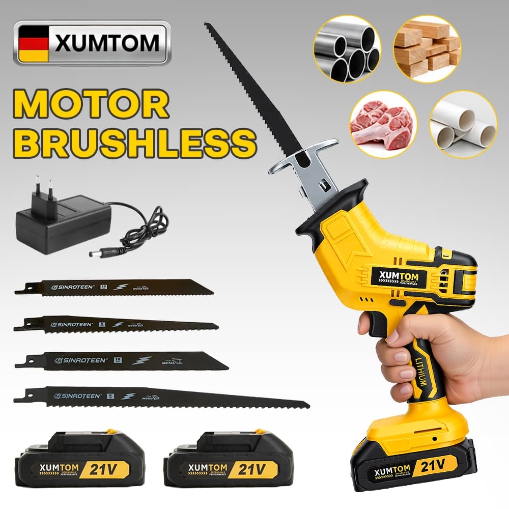 Serra Sabre 21V Brushless 3200RPM - Serra Recíproca para Madeira, Osso e PVC - Kit com 2  Baterias de Alta e 4 Lâminas