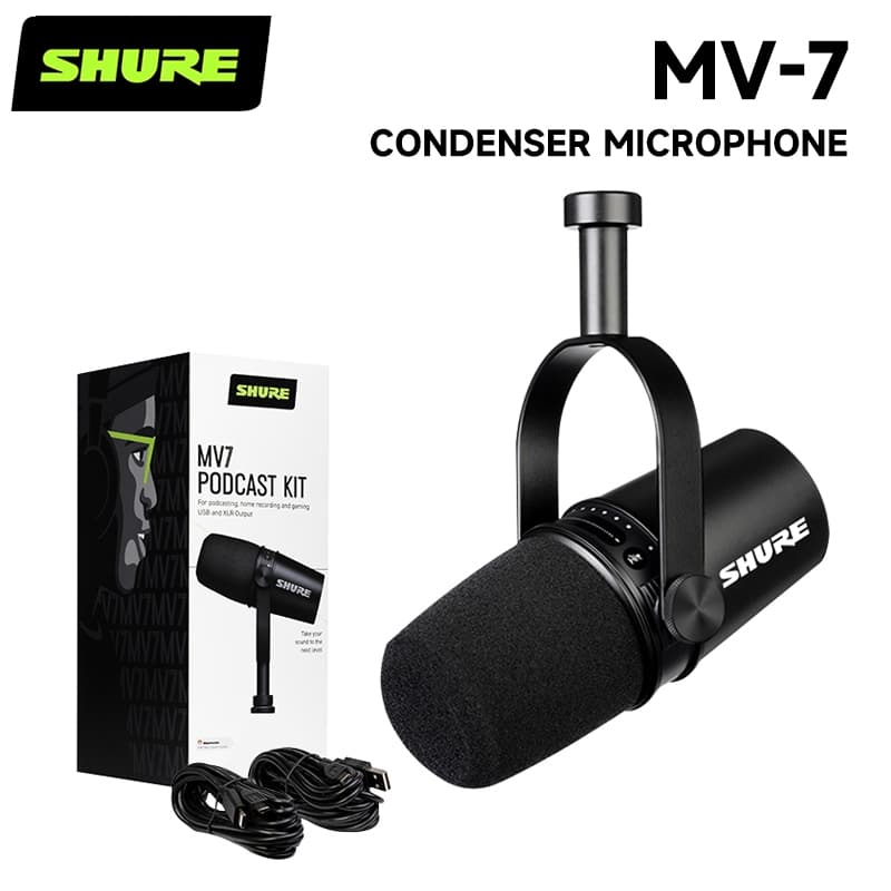 Microfone dinâmico cardióide SHURE MV7, microfone de gravação profissional, com Interface USB e XLR, para conexão de com