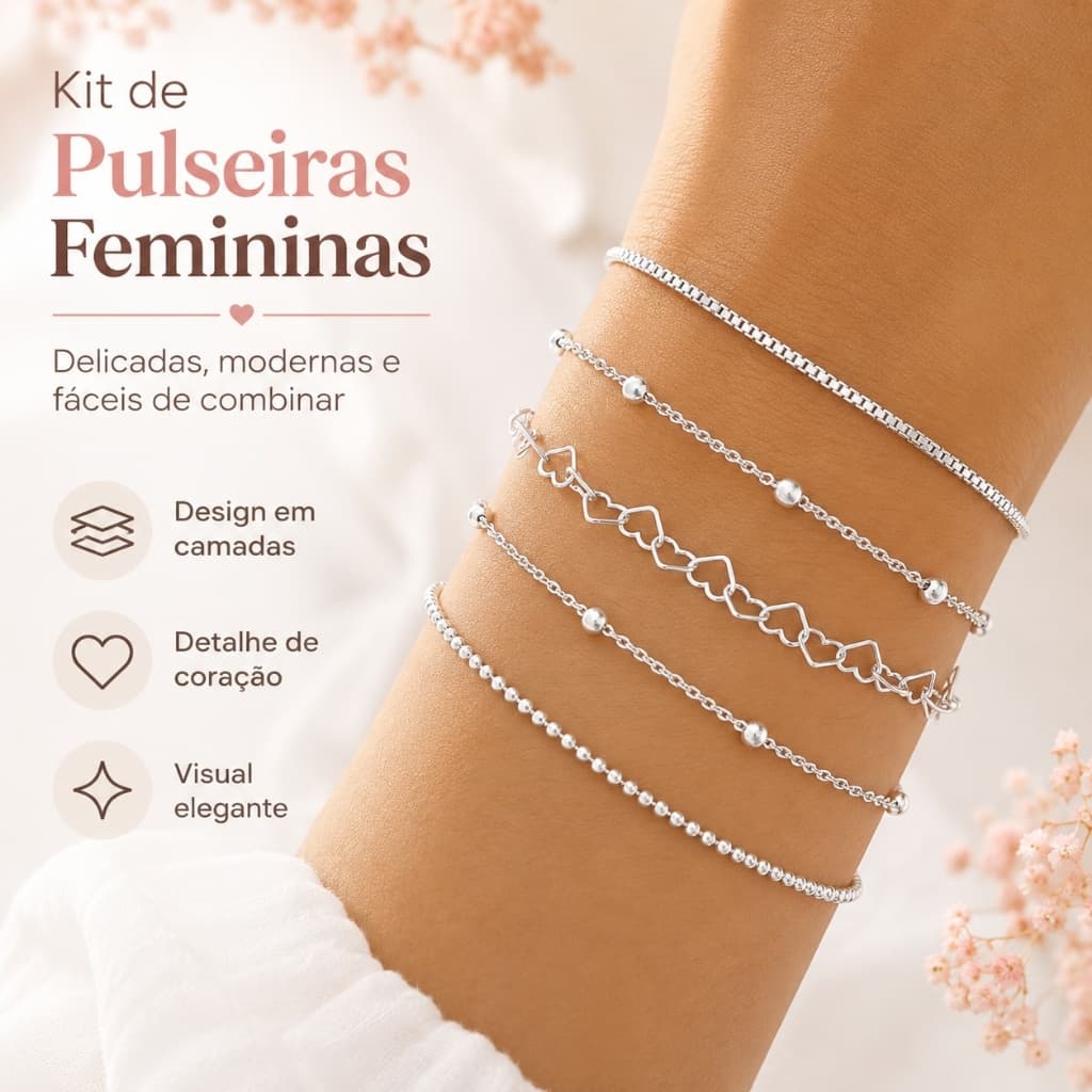 kit  pulseiras prata 925 cordão+veneziana com bolinhas + elo e detalhe coração