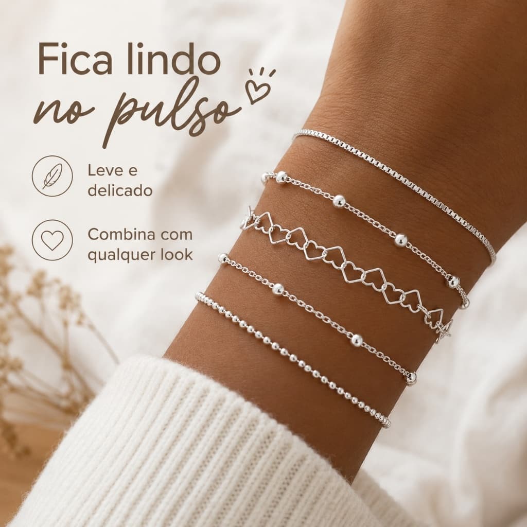 Kit  Pulseiras Prata 925 Cordão+Veneziana com Bolinhas + elo e Detalhe Coração