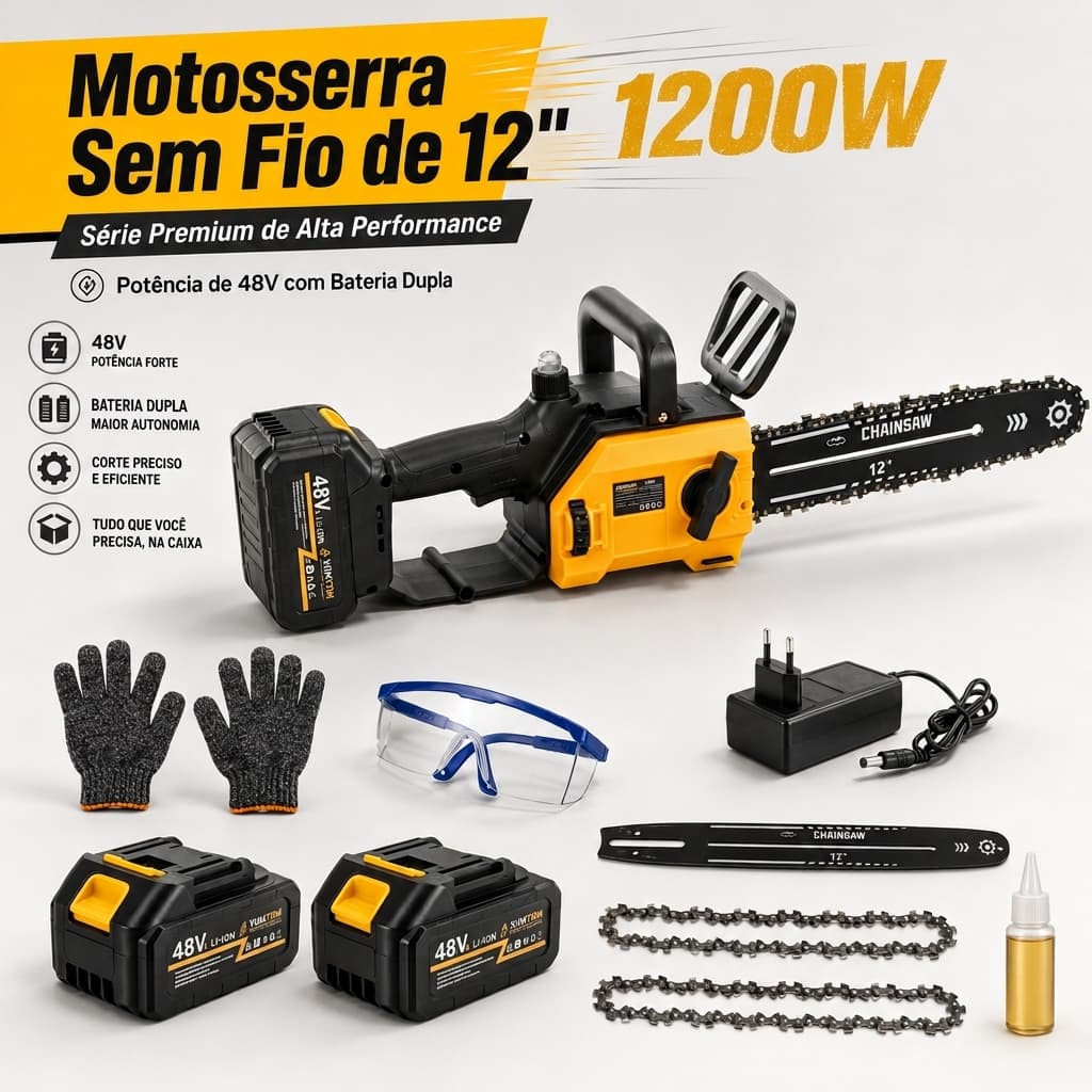 Motosserra Elétrica Sem Fio Portátil 12" 1200W 2 Baterias 48V Bivolt - Kit Completo para Lenha, Fazenda e Tronco Potente