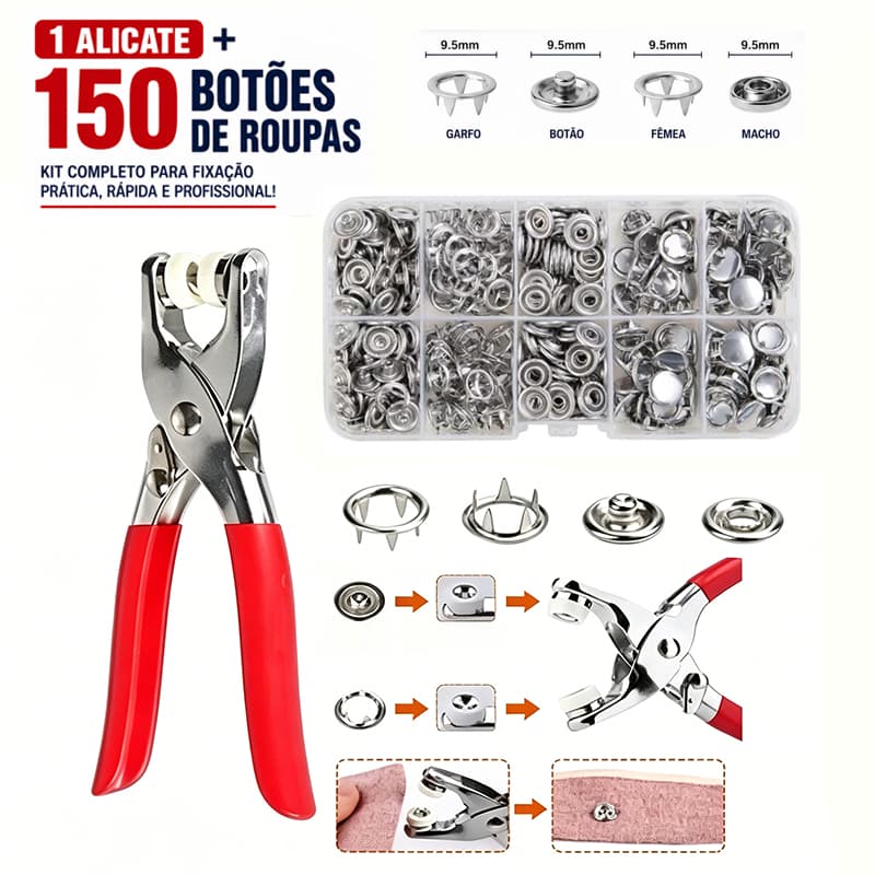 Alicate Aplicador Para Botao De Metal De Pressao Roupa Bebe com 150 botões de roupas