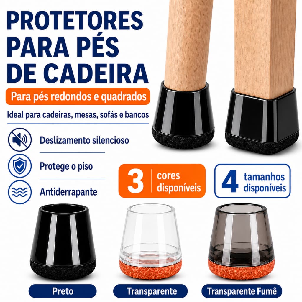 Protetor de Pé de Cadeira em Silicone para Pernas Redondas e Quadradas Antiderrapante Redução de Ruído Proteção de Piso
