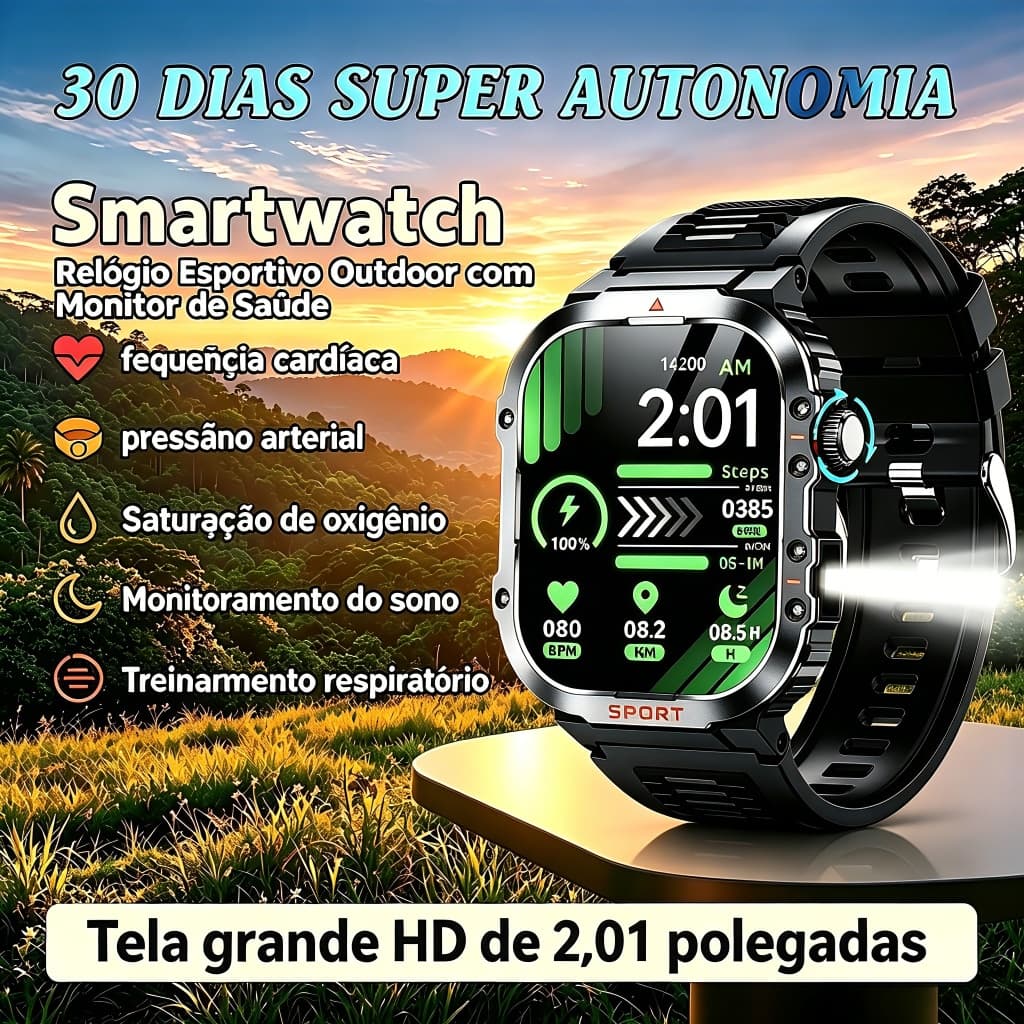 Smartwatch聽Masculino聽Esportivo聽Met谩lico聽Tela聽2.01"聽HD聽Chamada聽Bluetooth聽Bateria聽30聽Dias聽SpO2聽Lanterna聽H08聽Frete聽Gr谩tis