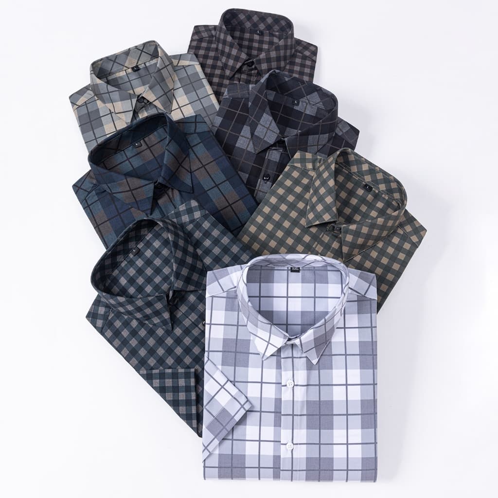 Camisa xadrez masculina de manga curta, versão clássica Material de fibra de bambu negócios Casual de dupla utilização,