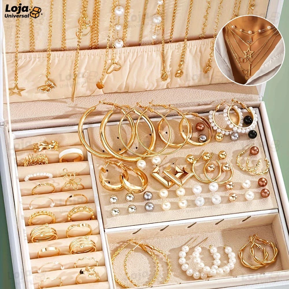 Kit de Joias Femininas 57 Peças Colares Brincos e Anéis Dourados A Prova d'Água Presentes Surpresas LU