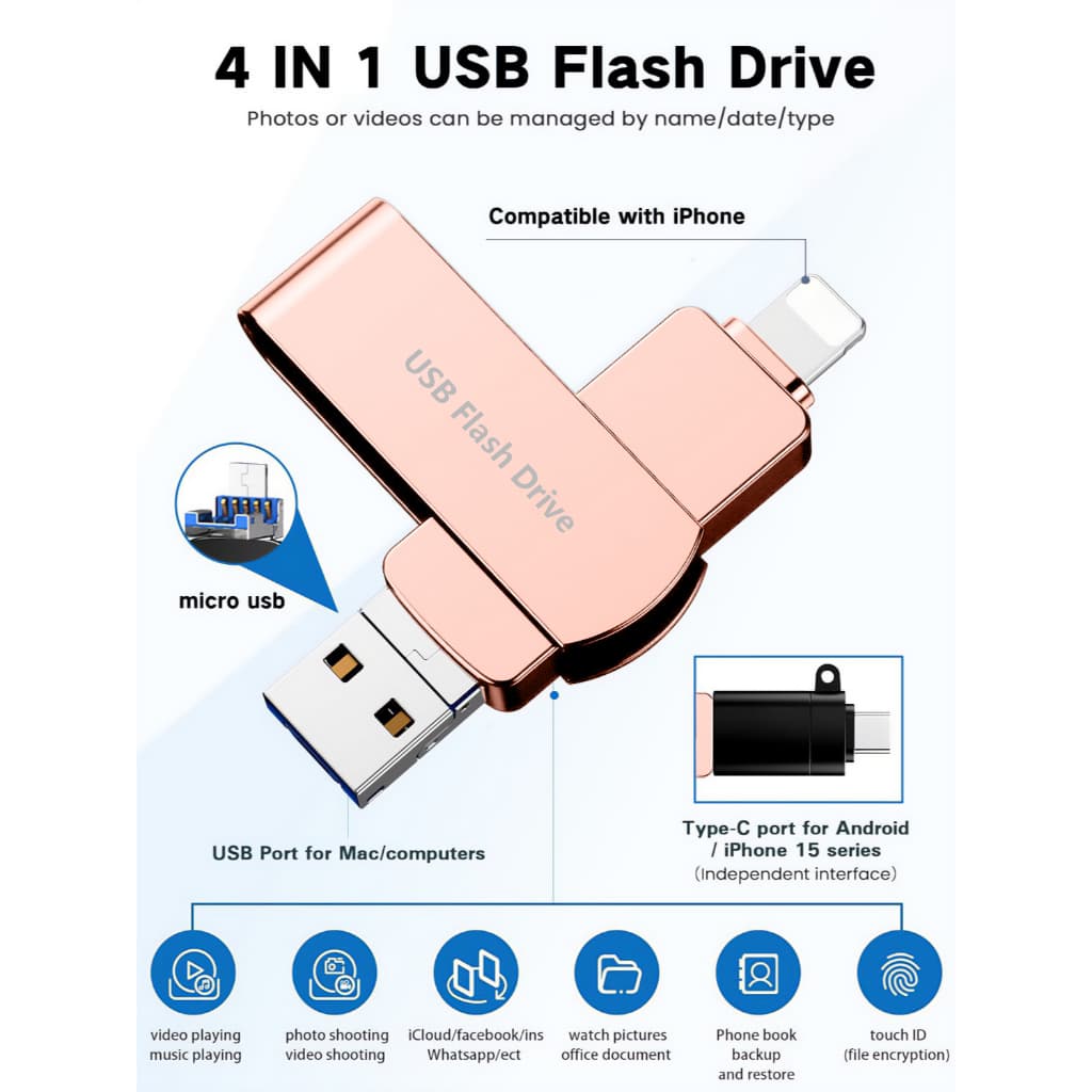 Disco U De Telefone Portátil Para iPhone E PC , Bastão De Memória Flash OTG Externo (Adaptador Tipo C Gratuito Incluído)