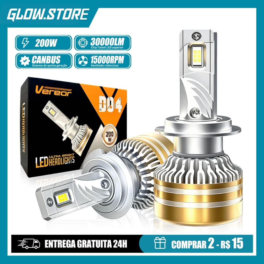 Par Lâmpada LED D04 200W 30000LM 6000K Universal para Carro Compatível H1/H3/H4/H7/H11/9005/9006 Luz Branca