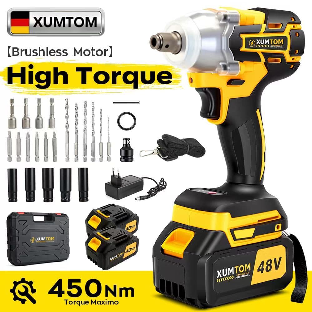 Chave De Fenda Sem Escova Fio 450Nm 48V Impacto 2 Baterias + Mala E Acessórios 28 Unidades