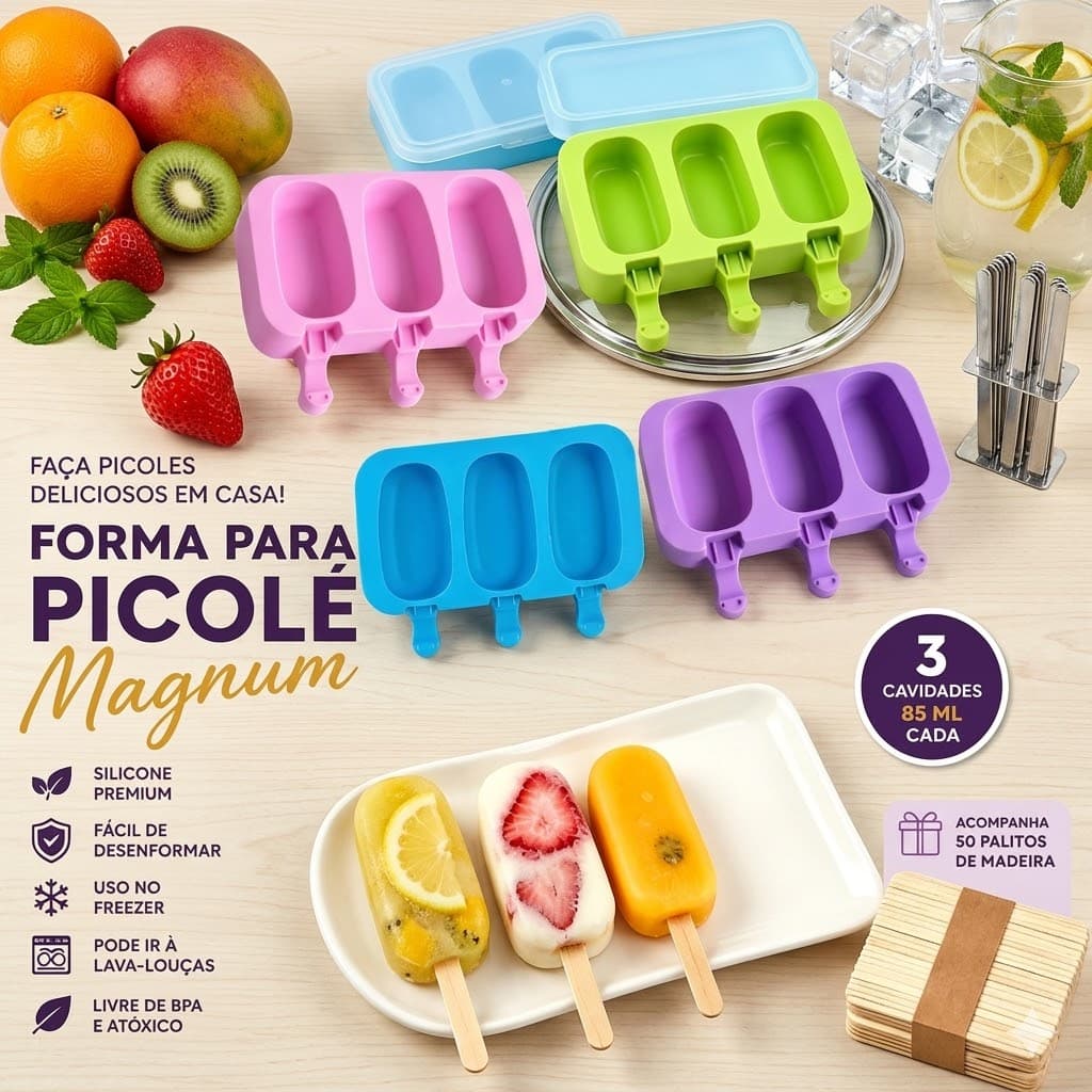 Forma De Picolé Silicone Premium Com Tampa 3 Cavidades Reutilizável + 50 Palitos De Madeira Para Sorvete Caseiro
